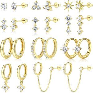 11/12 Pairs Hoop Earrings Brass & Steel Small Huggie Cartilage CZ Jewelry Set